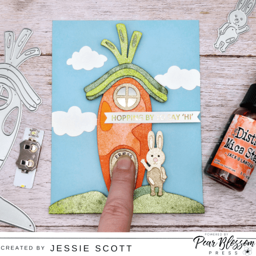 Pear Blossom Press, One Light, Halo One Light Combo, Picket Fence Studio, Welcome Home Bun Bun, Tonic Mica Stain Spray, Light up card, handmade card, Easter card